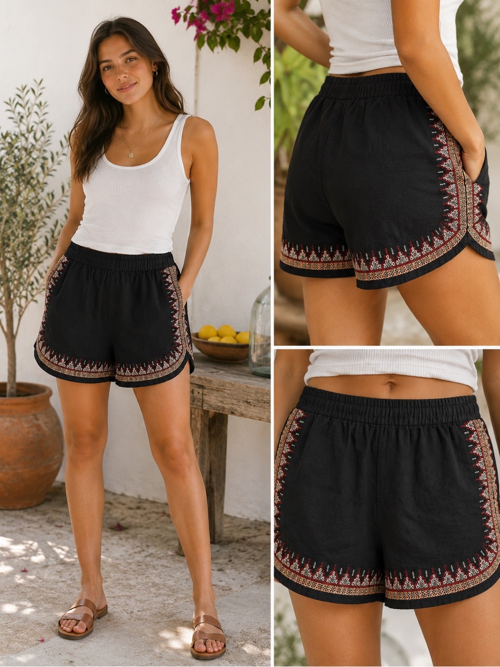 Abercrombie & Fitch Black Shorts with Red & Cream Embroidered Trim size xs